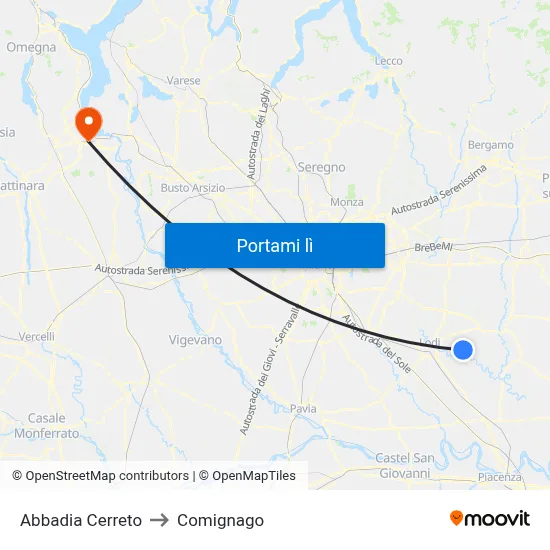 Abbadia Cerreto to Comignago map
