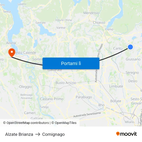 Alzate Brianza to Comignago map