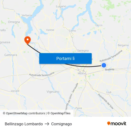 Bellinzago Lombardo to Comignago map