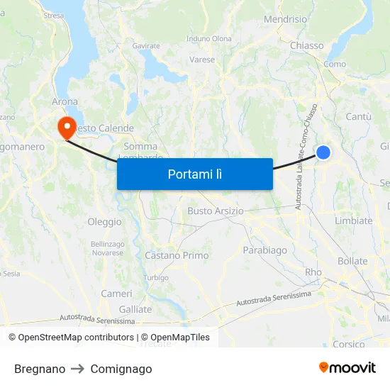 Bregnano to Comignago map