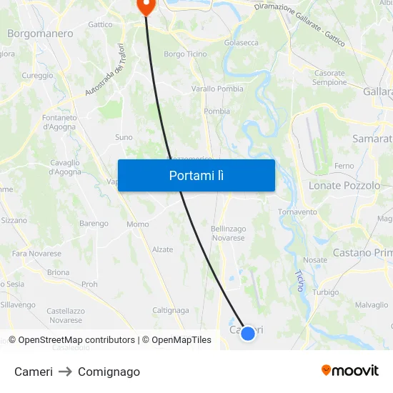 Cameri to Comignago map