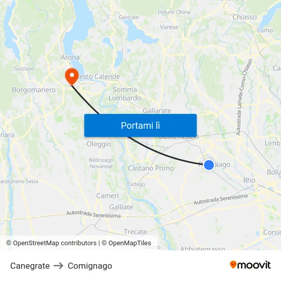 Canegrate to Comignago map