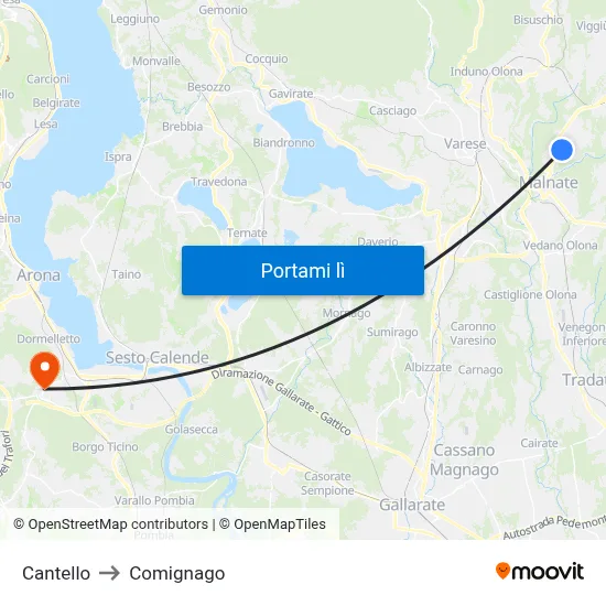 Cantello to Comignago map