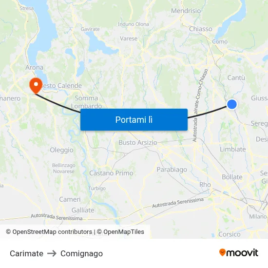 Carimate to Comignago map