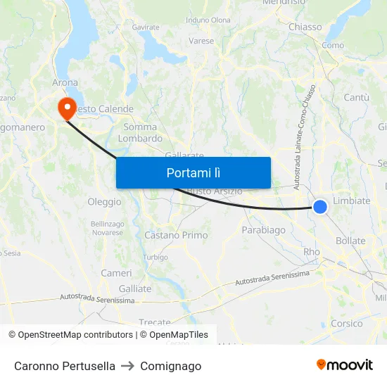 Caronno Pertusella to Comignago map