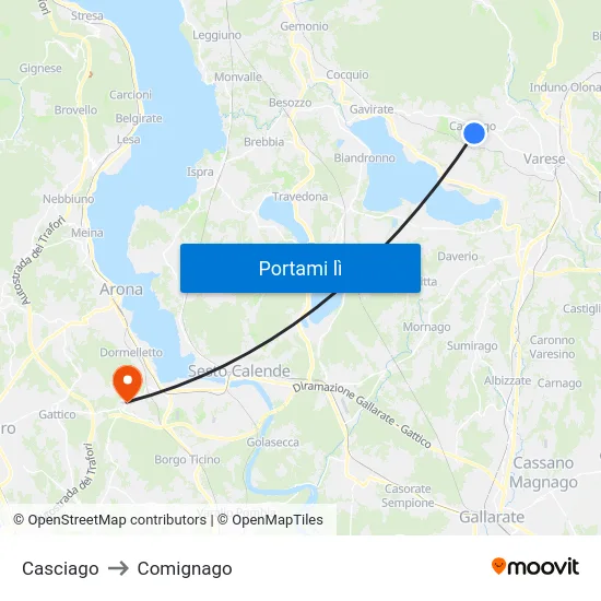 Casciago to Comignago map