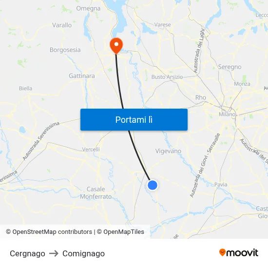 Cergnago to Comignago map