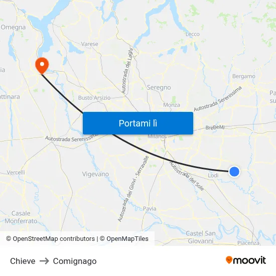 Chieve to Comignago map