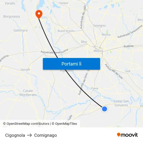 Cigognola to Comignago map