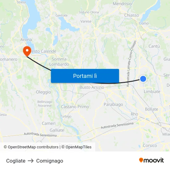 Cogliate to Comignago map