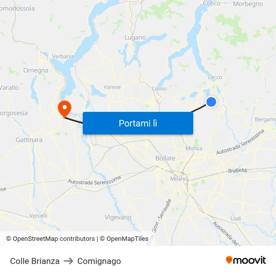 Colle Brianza to Comignago map