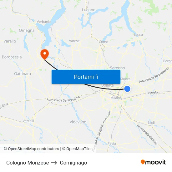 Cologno Monzese to Comignago map
