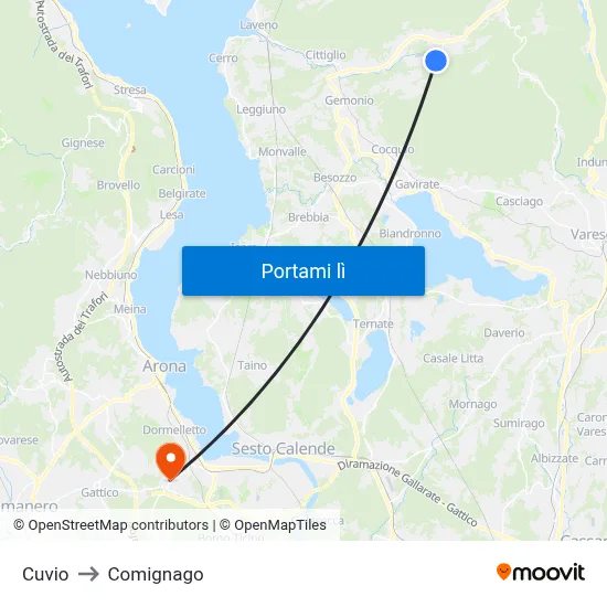 Cuvio to Comignago map