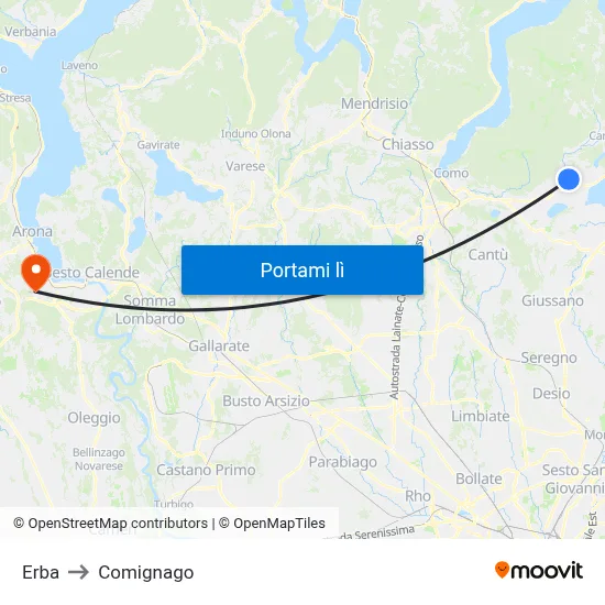 Erba to Comignago map