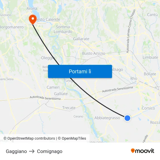 Gaggiano to Comignago map