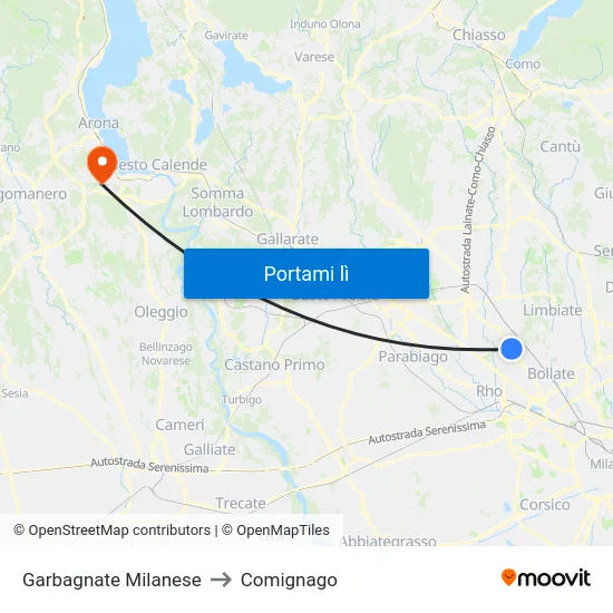 Garbagnate Milanese to Comignago map