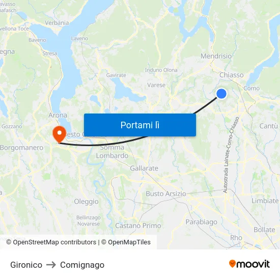 Gironico to Comignago map