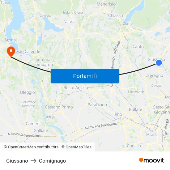 Giussano to Comignago map