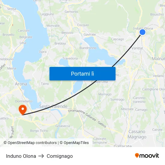 Induno Olona to Comignago map