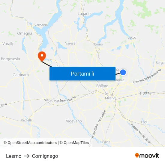 Lesmo to Comignago map
