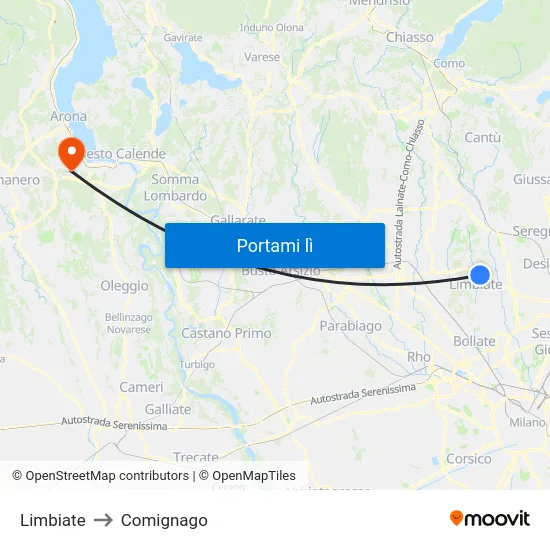 Limbiate to Comignago map