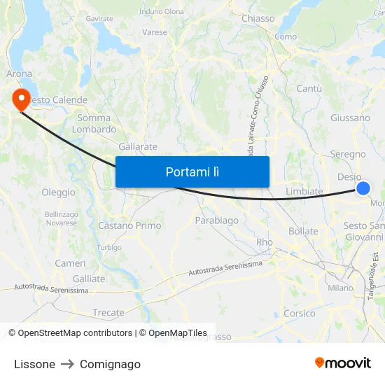 Lissone to Comignago map