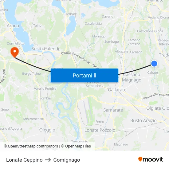 Lonate Ceppino to Comignago map