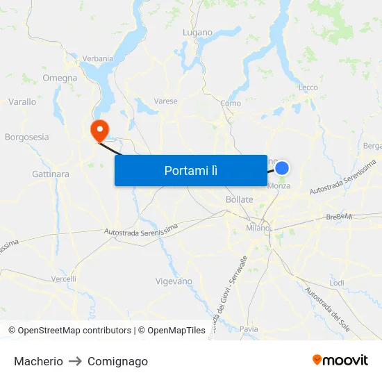 Macherio to Comignago map
