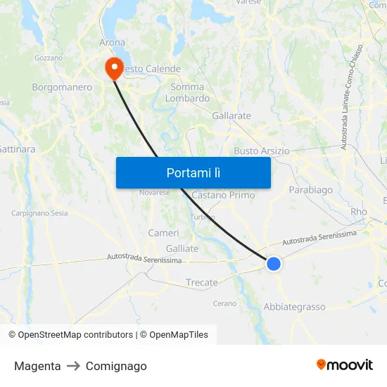 Magenta to Comignago map