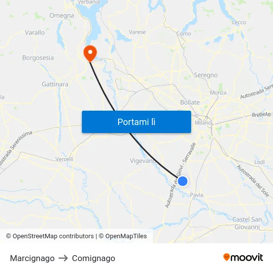 Marcignago to Comignago map