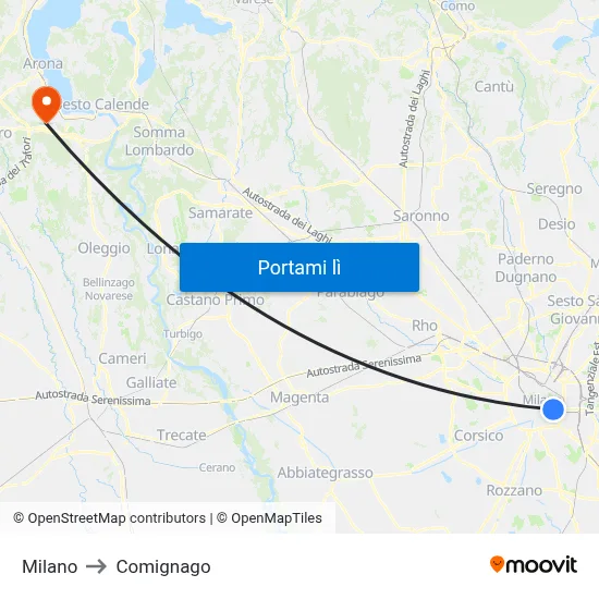 Milano to Comignago map