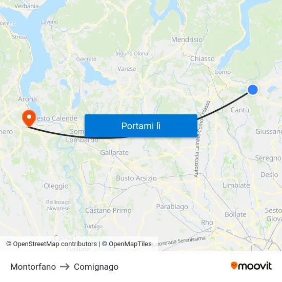 Montorfano to Comignago map