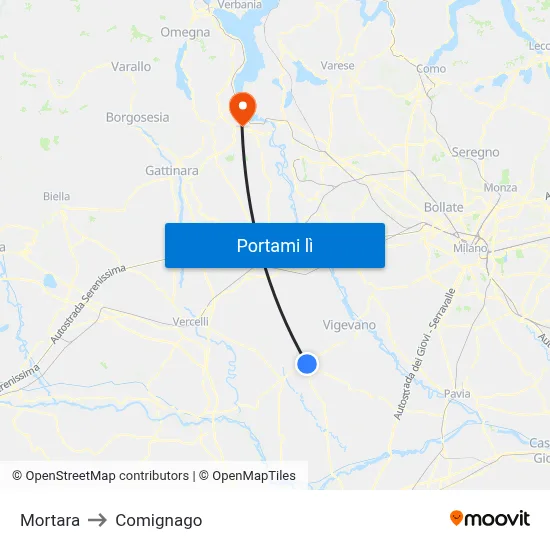 Mortara to Comignago map
