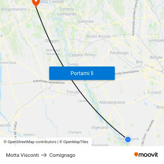 Motta Visconti to Comignago map