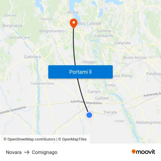 Novara to Comignago map
