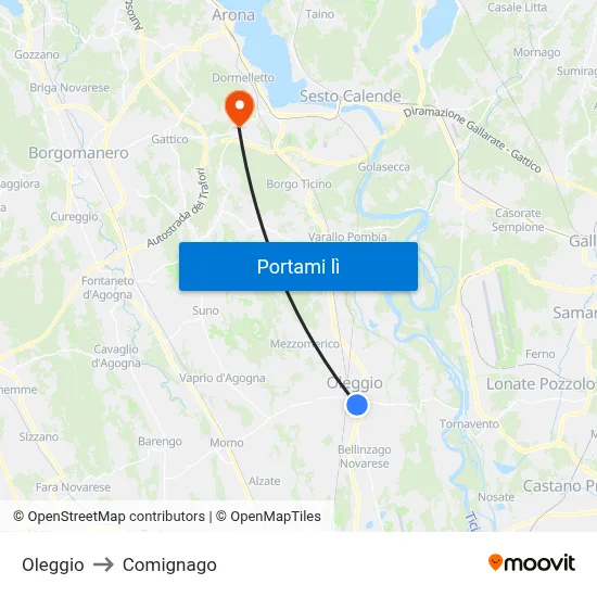 Oleggio to Comignago map
