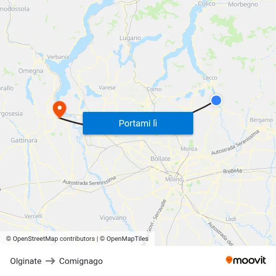 Olginate to Comignago map