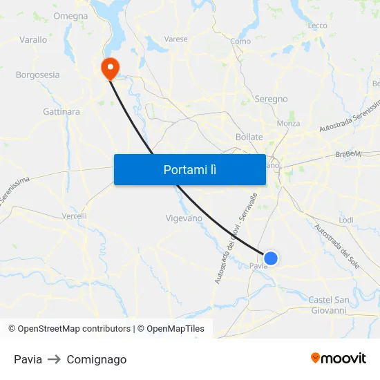 Pavia to Comignago map