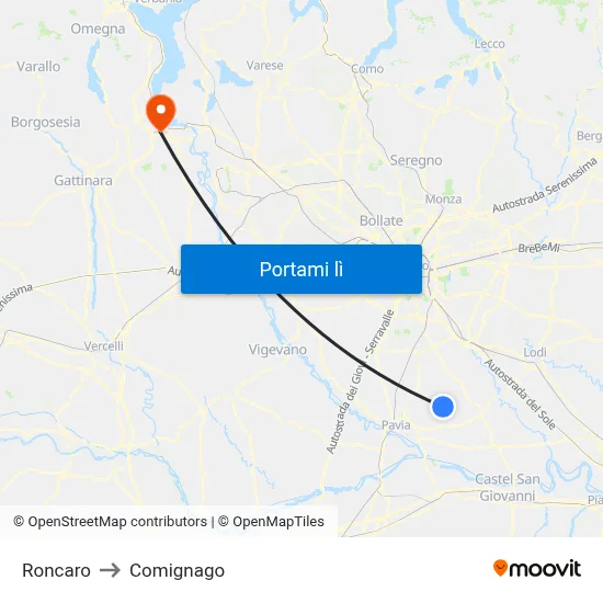 Roncaro to Comignago map