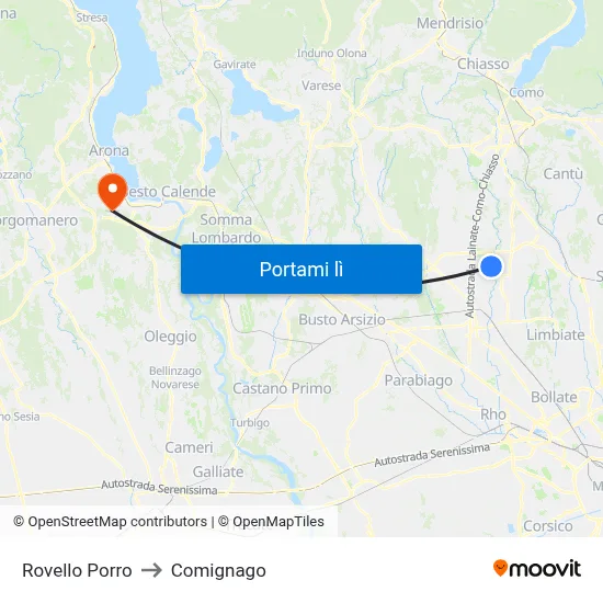 Rovello Porro to Comignago map