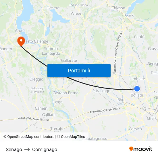 Senago to Comignago map