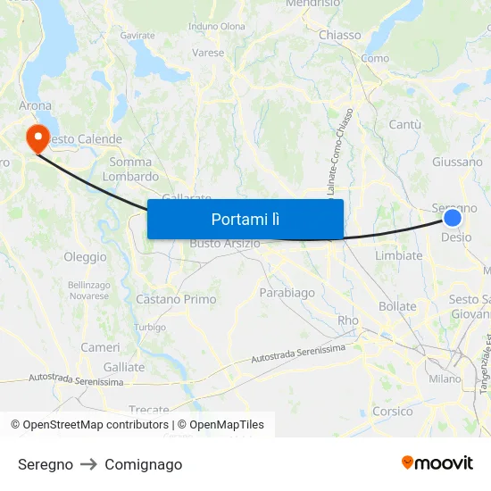 Seregno to Comignago map