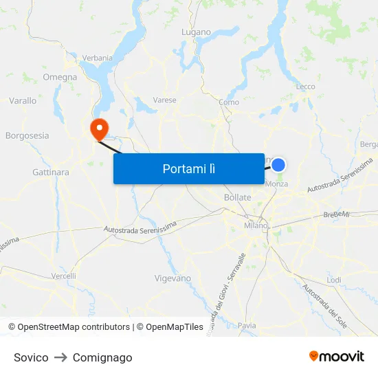 Sovico to Comignago map