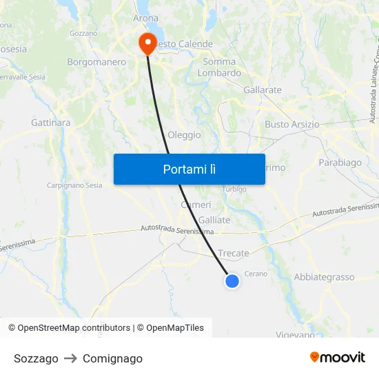 Sozzago to Comignago map