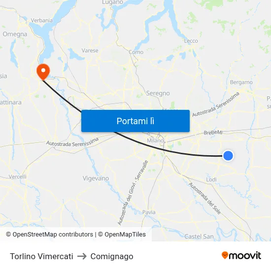 Torlino Vimercati to Comignago map