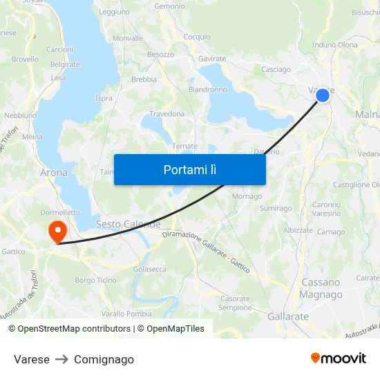 Varese to Comignago map