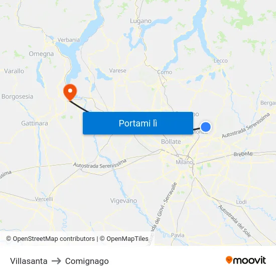 Villasanta to Comignago map