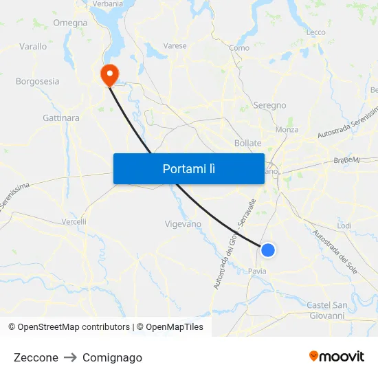 Zeccone to Comignago map