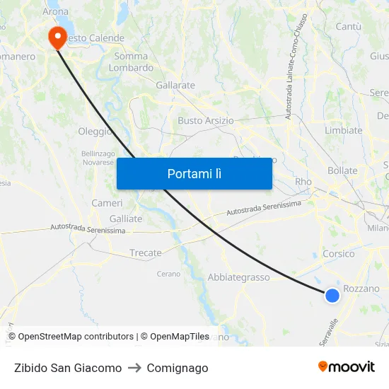 Zibido San Giacomo to Comignago map