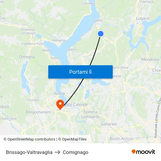 Brissago-Valtravaglia to Comignago map